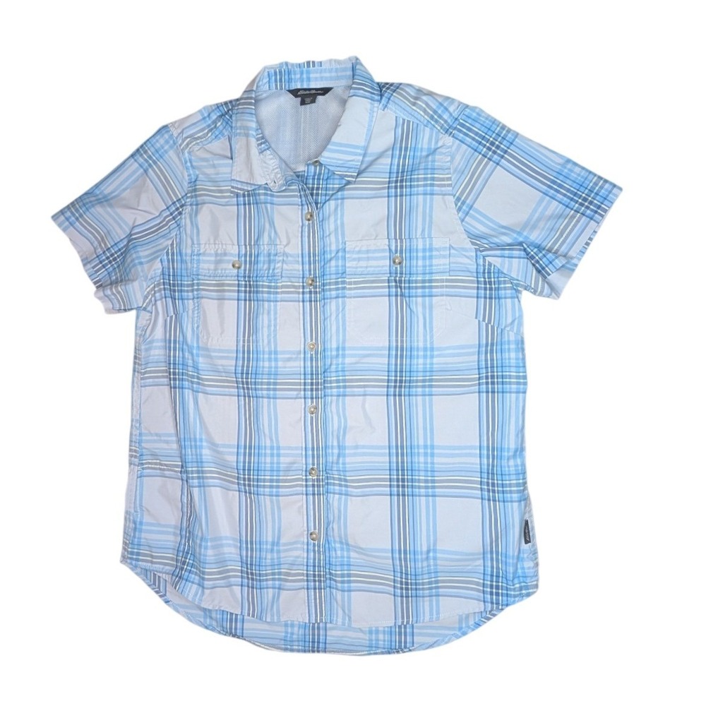 Eddie Bauer Button Up Shirt Womens Medium Blue Plaid Short Sleeve Outdoor Hiking